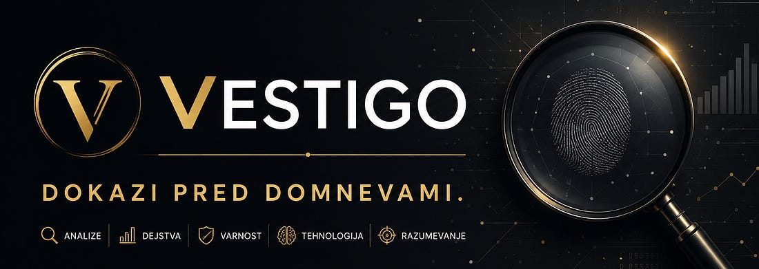 Izvirna naslovna grafika uvodnega članka Vestigo o dokazih in preverjanju informacij.