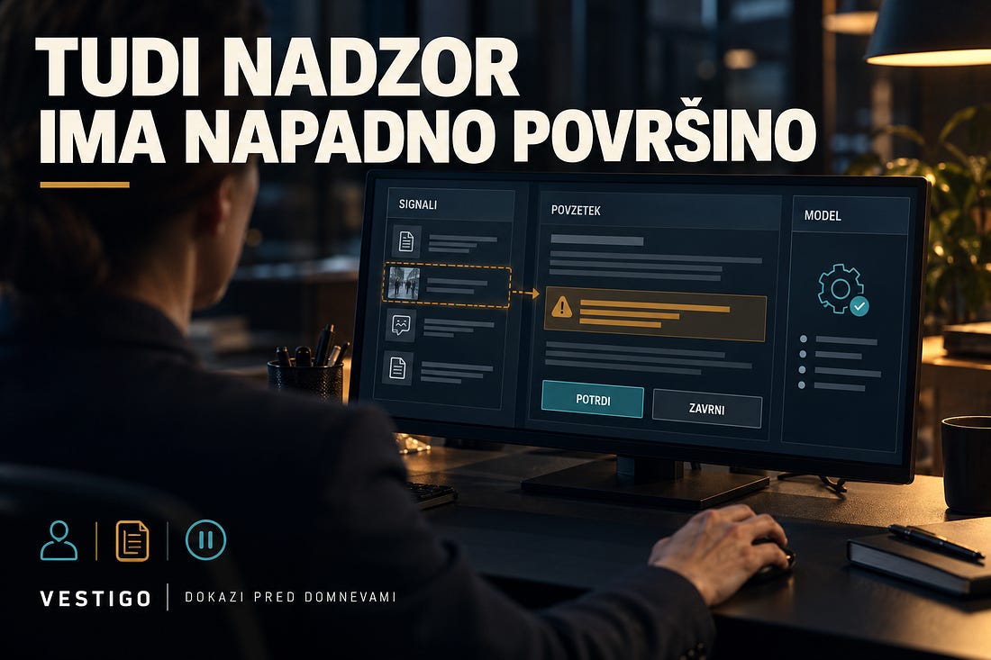 Nadzornik pred zaslonom z rezultatom modela ter možnostma potrdi in zavrni.