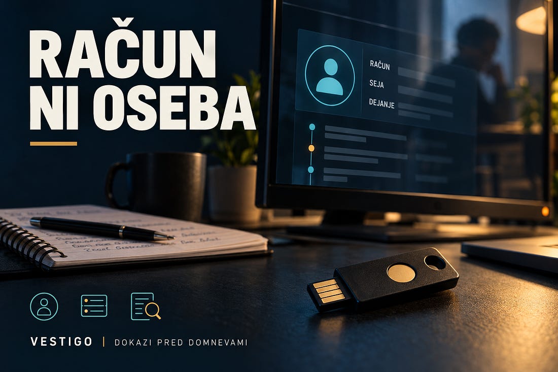 Monitor z razmerjem račun–seja–dejanje in varnostni ključ na mizi.