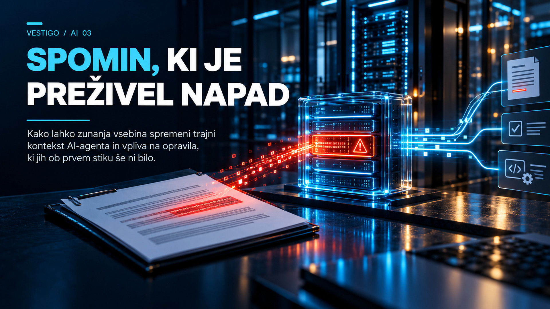 SPOMIN, KI JE PREŽIVEL NAPAD – naslovna grafika z zunanjim dokumentom, trajnim spominskim zapisom AI-agenta in poznejšim vplivom.