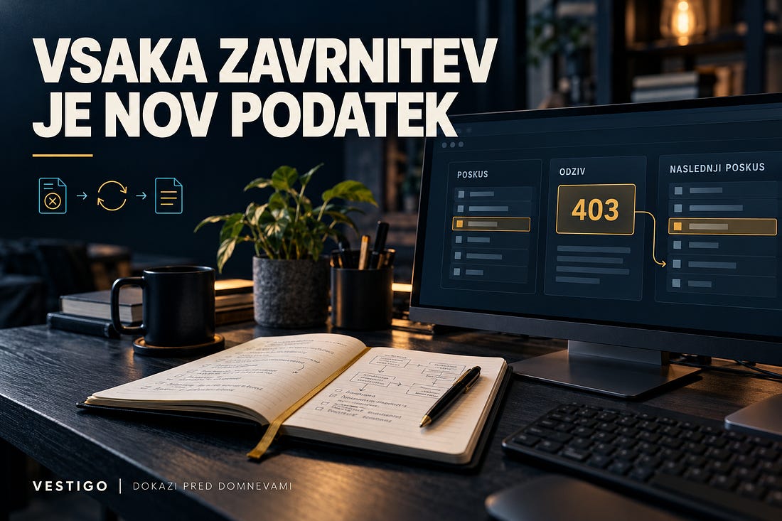 Monitor z odgovorom HTTP 403, zaporedjem poskusov in tehničnimi zapiski.