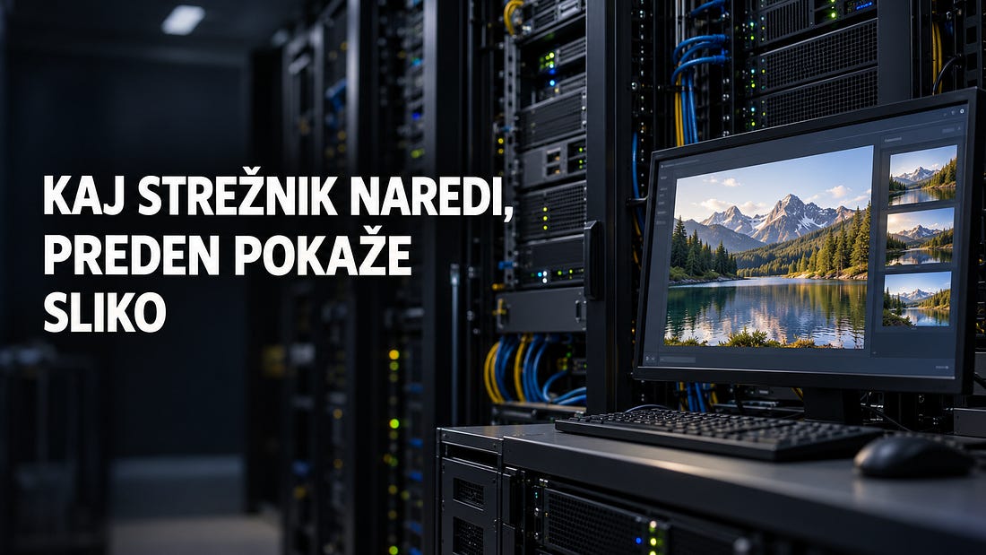 Strežniško okolje z monitorjem, ki prikazuje obdelavo fotografij.