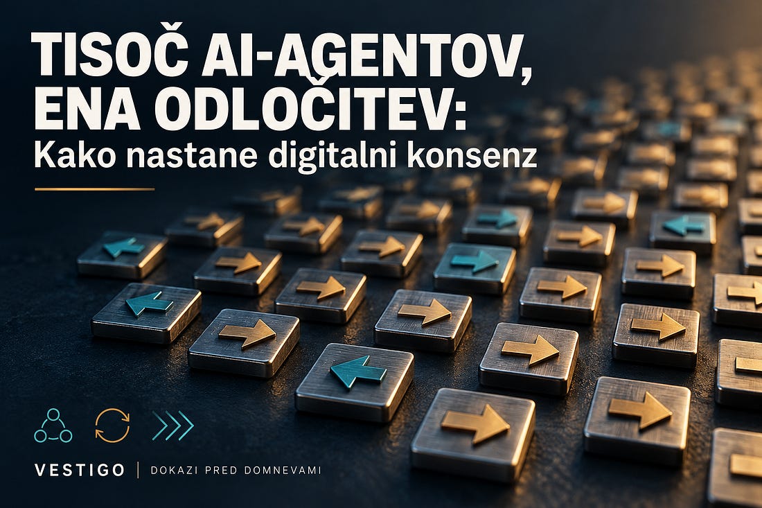 Množica kovinskih ploščic z usmerjevalnimi puščicami, ki ponazarjajo kolektivno usklajevanje AI-agentov.