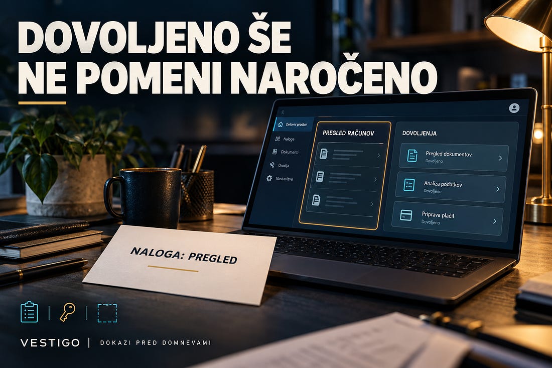 Prenosnik z dovoljenji agenta in kartico z napisom Naloga: pregled.