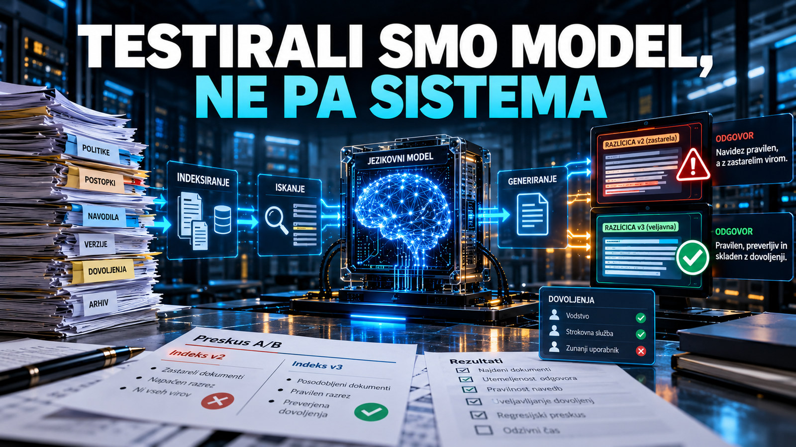 Primerjava dveh različic iskalne aplikacije RAG ob nespremenjenem jezikovnem modelu, z opozorili za zastarele dokumente in dovoljenja