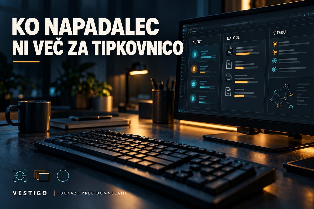 Prazna tipkovnica pred monitorjem, ki prikazuje avtomatiziran potek kibernetskega napada.