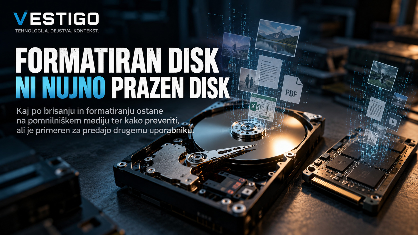 Odprt magnetni trdi disk HDD in pogon SSD; nad njima simbolično prikazani dokumenti in podatki.