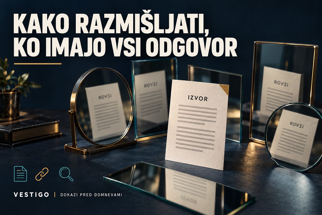 Več zrcal okoli enega dokumenta z oznako Izvor, ki ponazarjajo odseve istega dokaza.