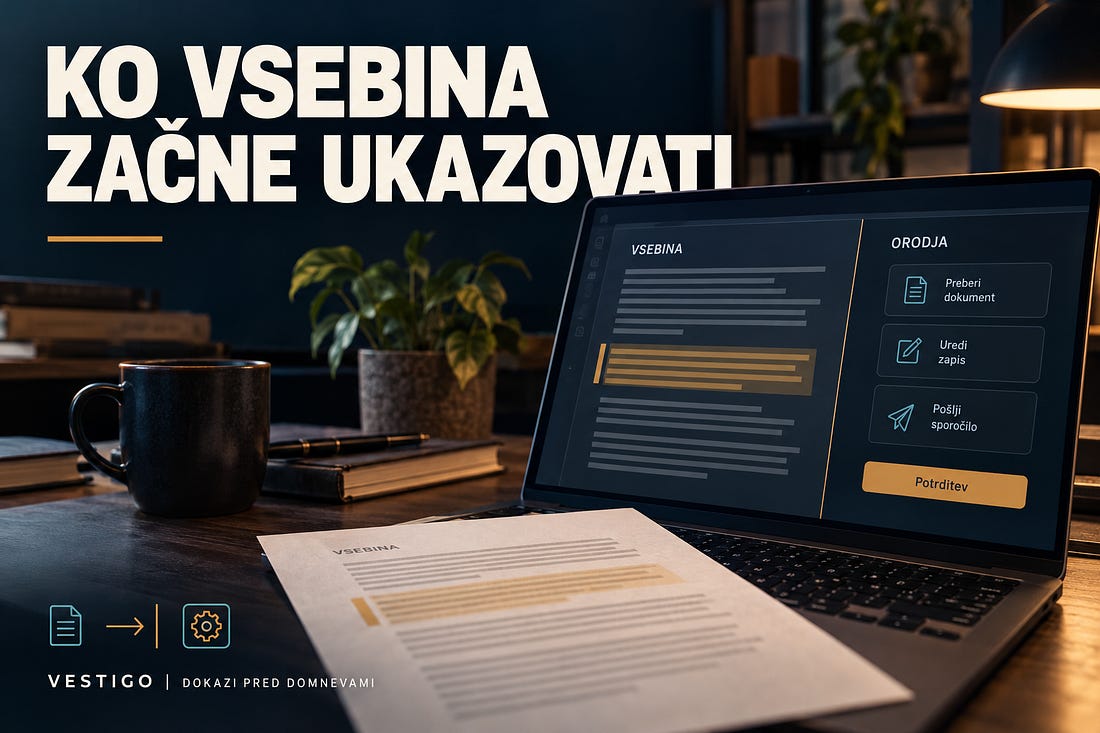 Dokument pred prenosnikom, na katerem vsebina prehaja proti odločitvi in dejanju AI-agenta.