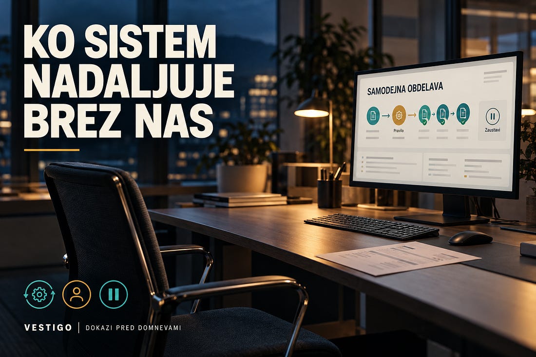Prazno delovno mesto z zaslonom, ki prikazuje samodejno obdelavo poslovnega postopka.