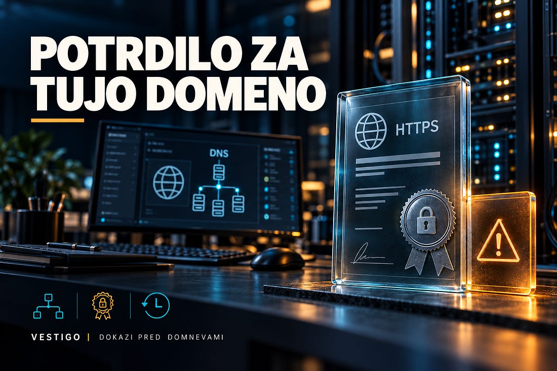 Ilustracija strežniške infrastrukture DNS, potrdila HTTPS in opozorila ob nepooblaščeni izdaji potrdila.
