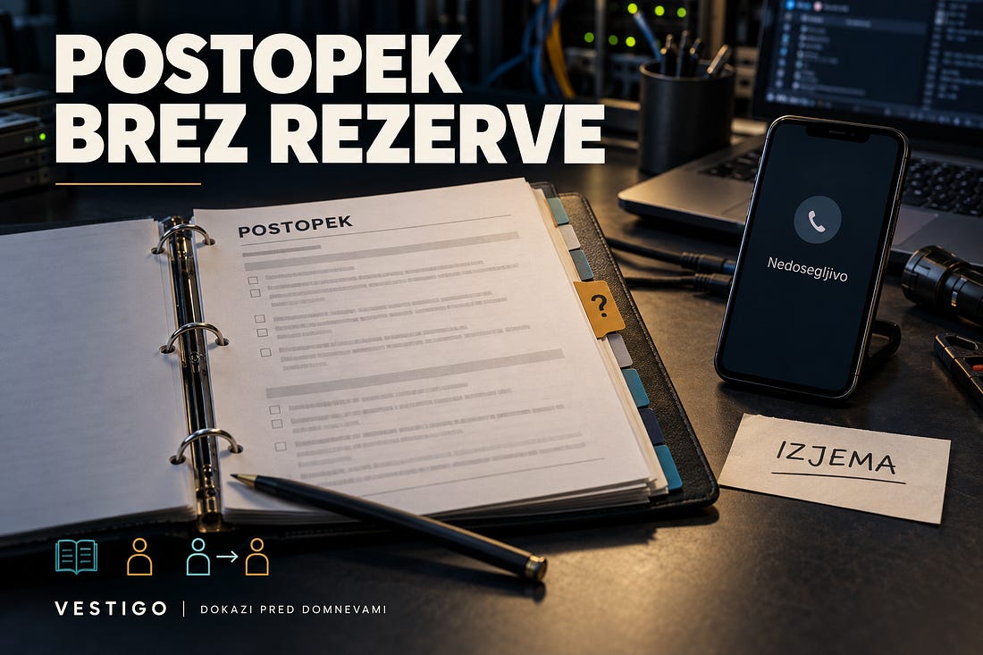 Mapa s postopkom, tehnična oprema in telefon z nedosegljivim kontaktom.