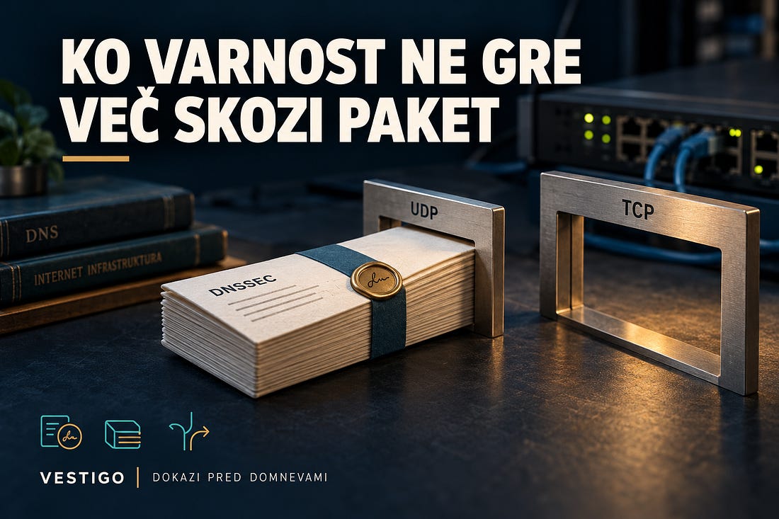 DNSSEC dokument, večji podatkovni paket ter simbolična prehoda UDP in TCP.