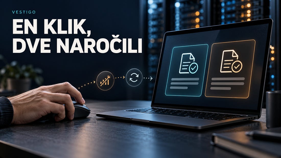 Uporabnik ob prenosniku, na katerem sta prikazani dve naročili, med njima pa simbol ponovnega poskusa.