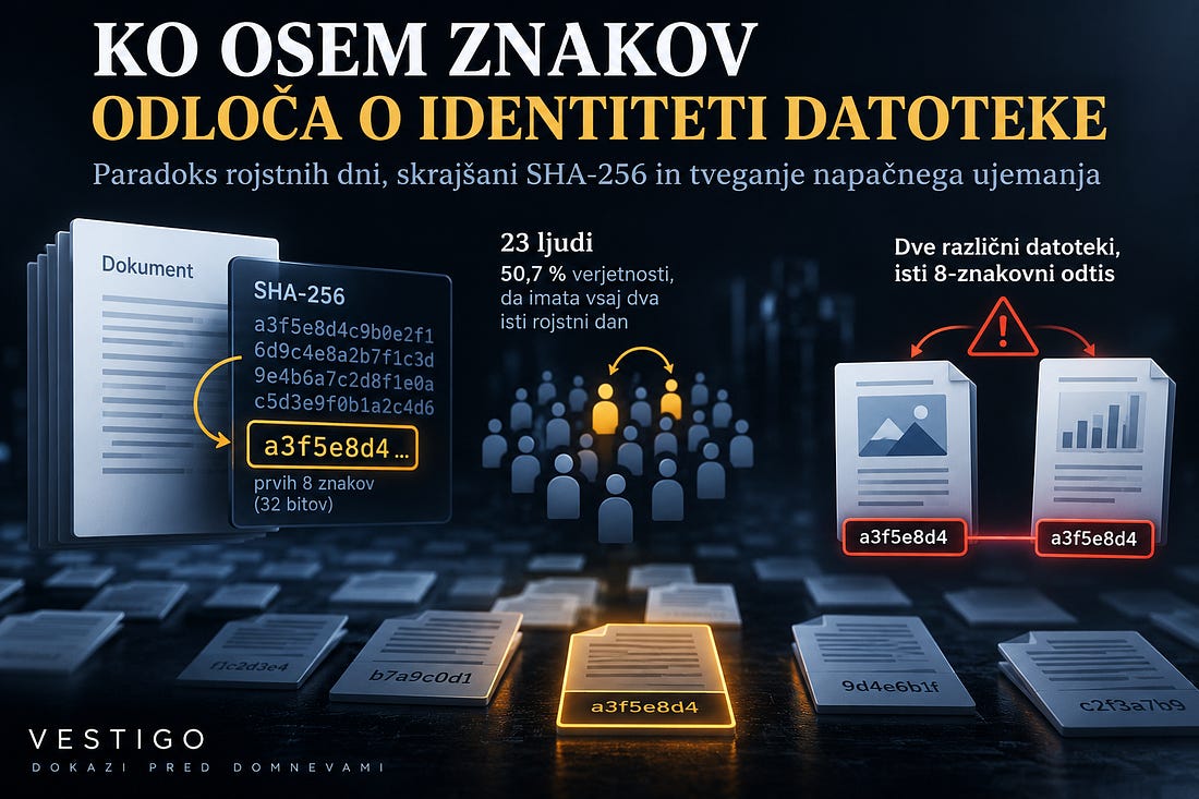 Vizualizacija skrajšanega SHA-256 odtisa, paradoksa rojstnih dni in dveh različnih datotek z enakim kratkim odtisom.