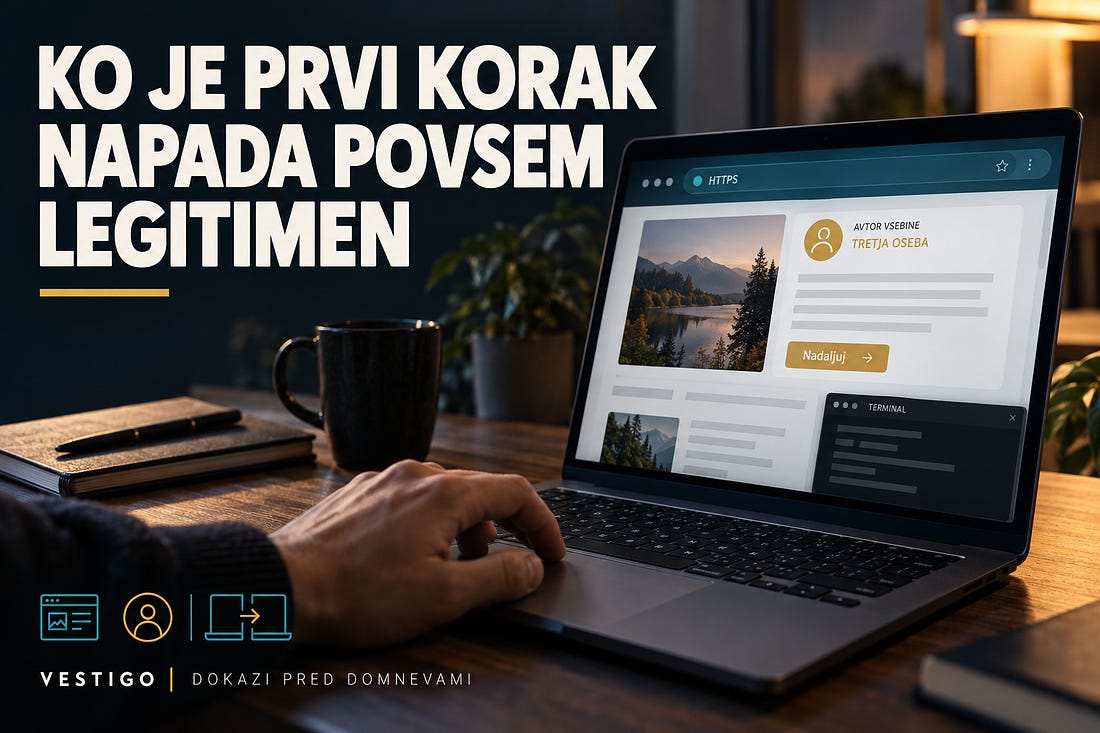 Uporabnik pred prenosnikom z legitimno spletno platformo, vključeno v napadalno verigo.