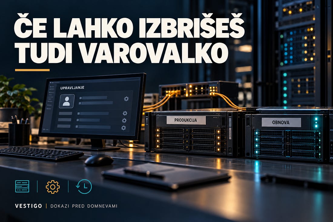 Produkcijski in obnovitveni strežniki z upravljavsko konzolo v temnem podatkovnem okolju.