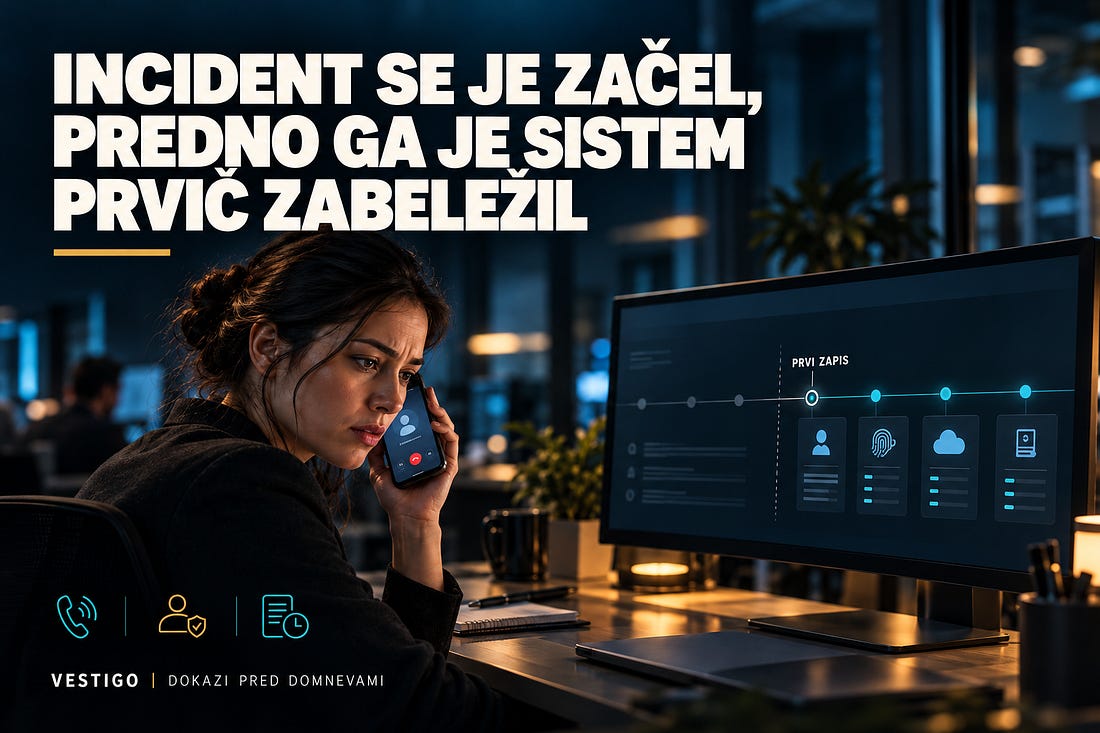 Oseba med telefonskim klicem ob monitorju z varnostno časovnico dogodkov.